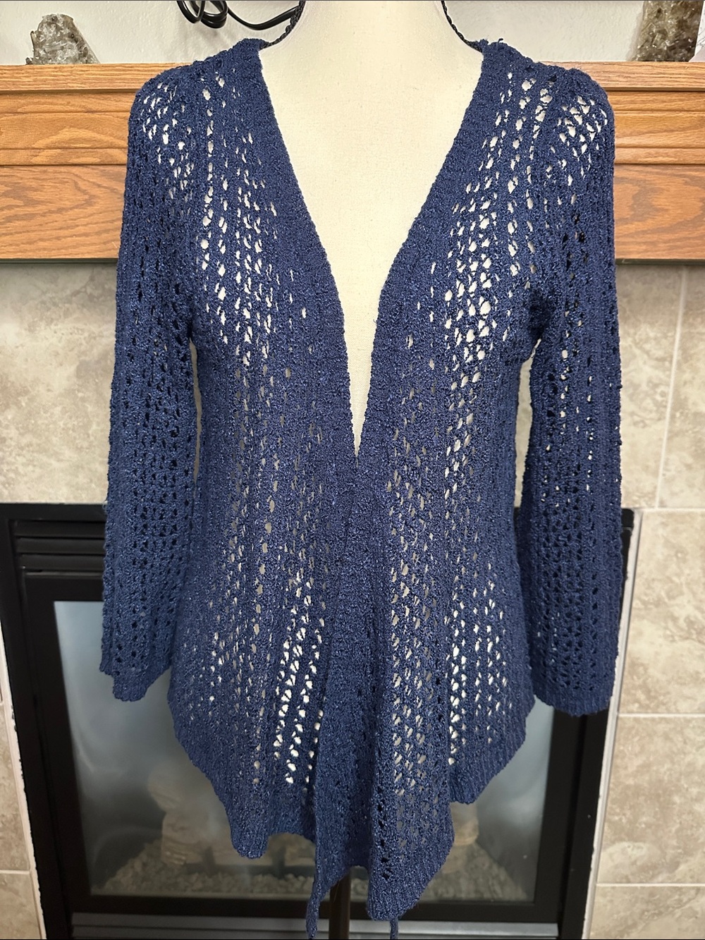 Dressbarn M Navy Crochet Open Knit Draped Cardigan Sweater Boho
